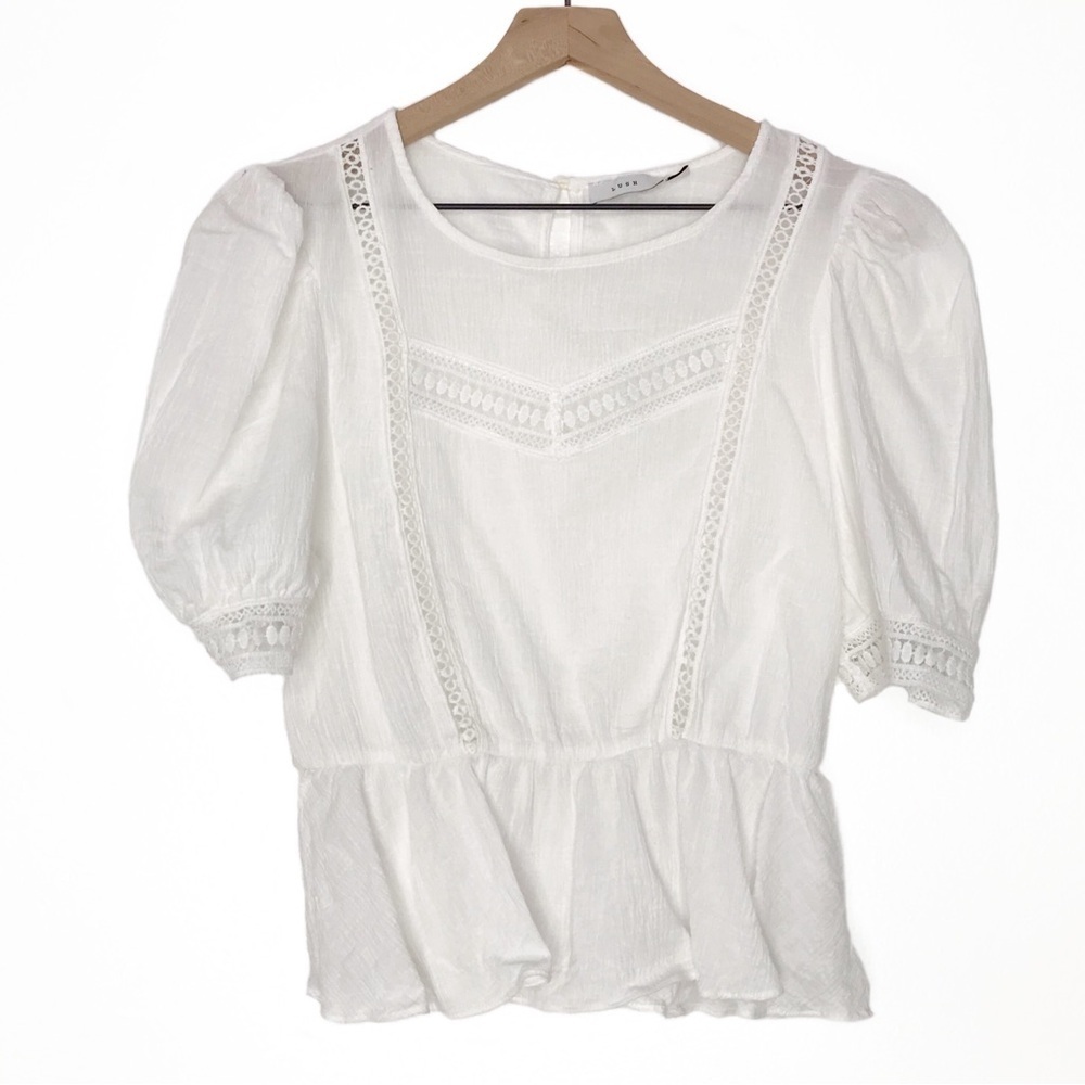 LUSH Lace Inset Short Sleeve Ruffle Blouse L